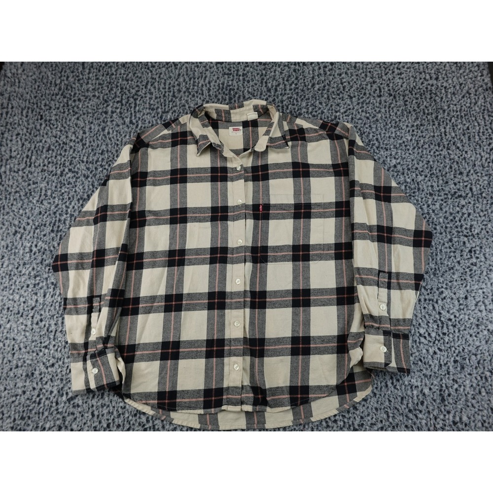 Levi's Button Down Shirt Womens L Cream Plaid Good Cotton Flannel A0867-0002